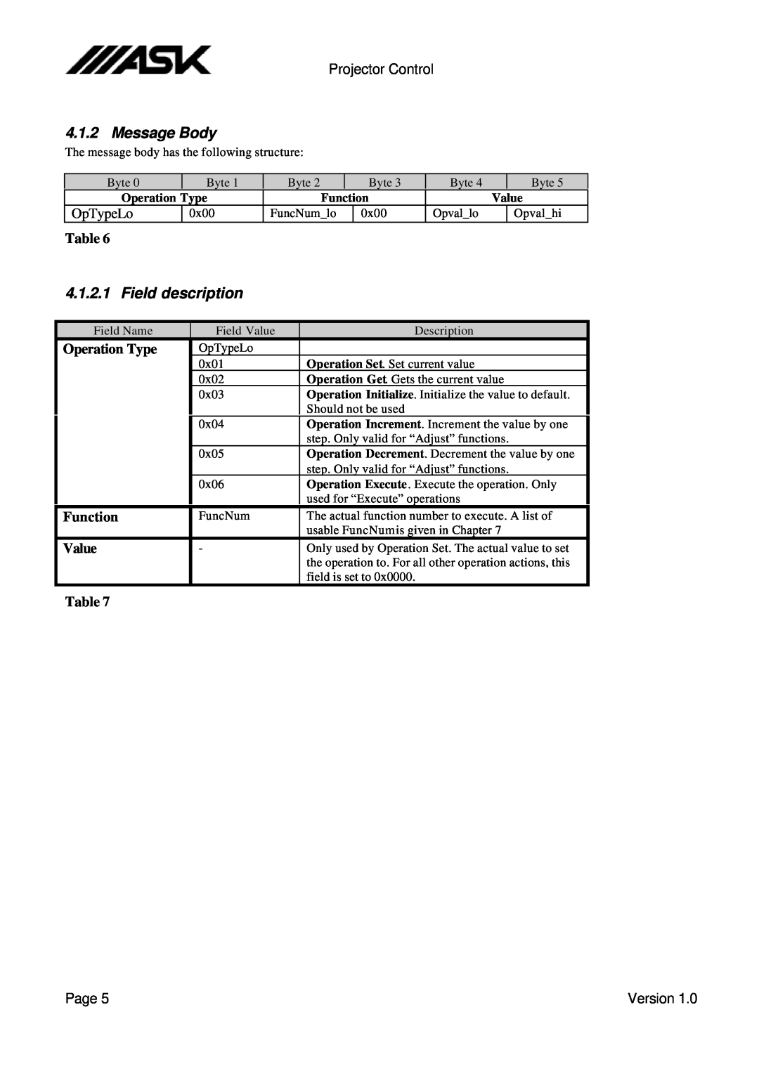 Ask Proxima C100, C90 manual Projector Control, OpTypeLo, Operation Type, Function, Value, Page, Version 