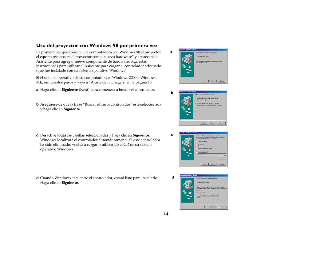 Ask Proxima DLP Projector manual Uso del proyector con Windows 98 por primera vez 