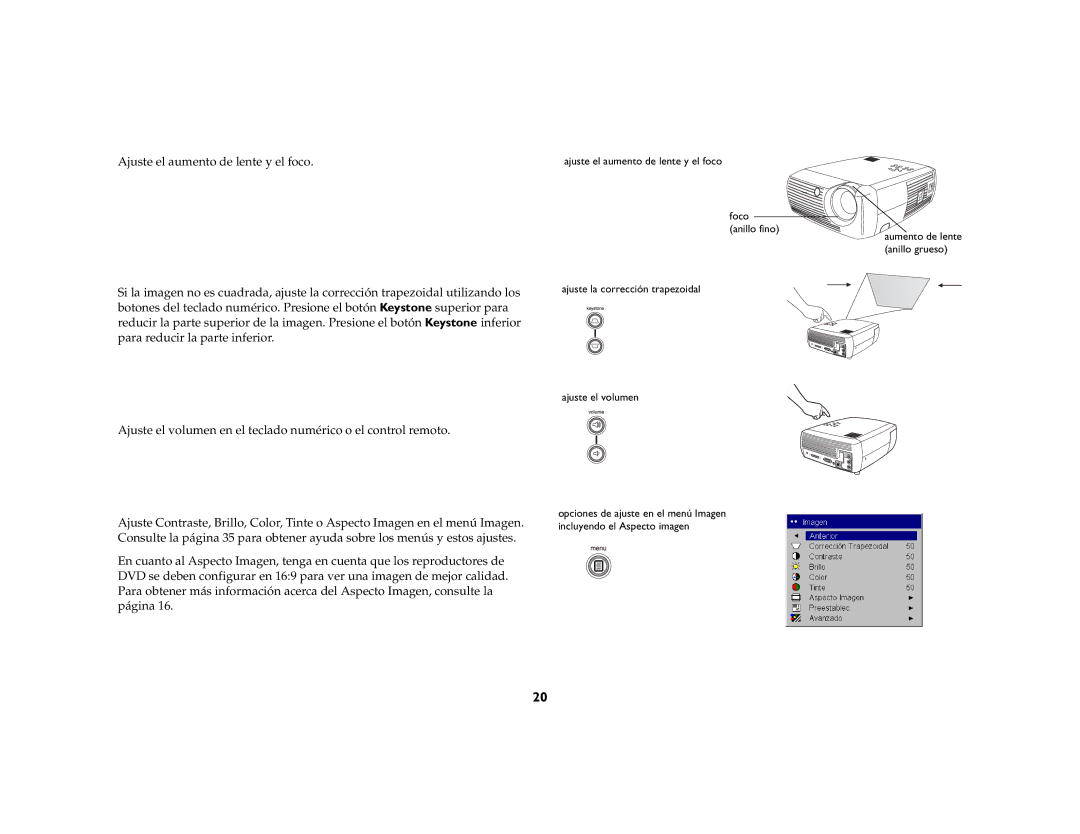 Ask Proxima DLP Projector manual Ajuste el aumento de lente y el foco Foco Anillo fino 