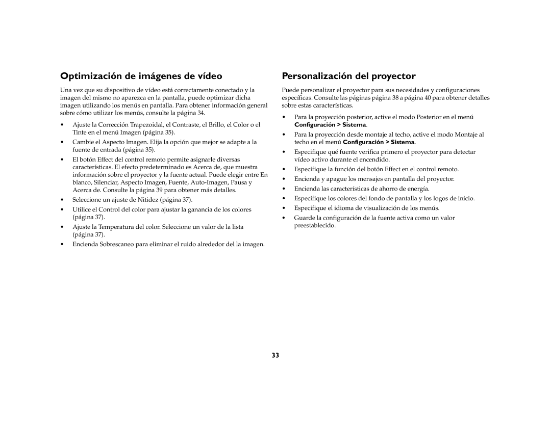 Ask Proxima DLP Projector manual Optimización de imágenes de vídeo, Personalización del proyector 