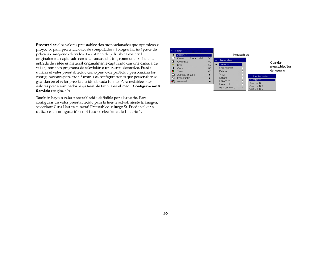 Ask Proxima DLP Projector manual Guardar preestablecidos del usuario 