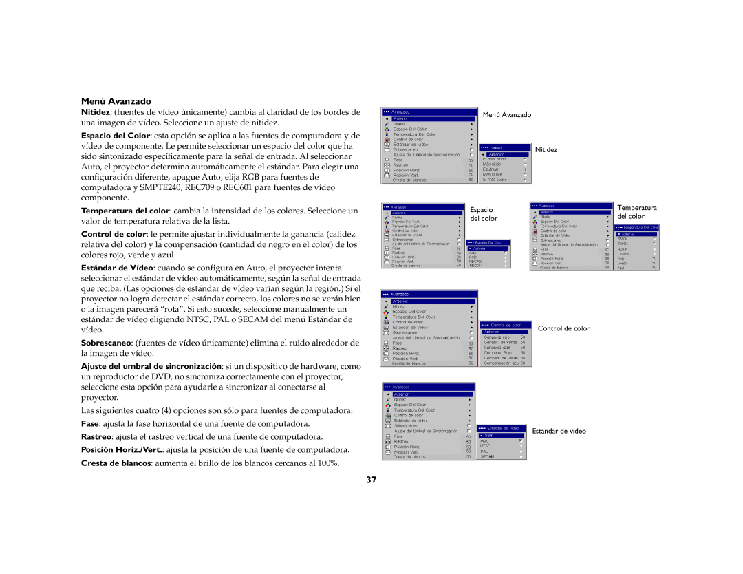 Ask Proxima DLP Projector manual Menú Avanzado 