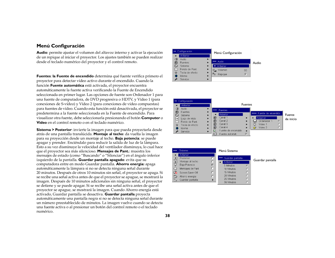 Ask Proxima DLP Projector manual Menú Configuración 