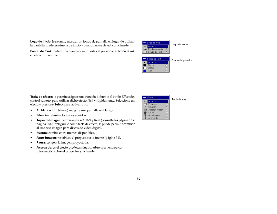 Ask Proxima DLP Projector manual Logo de inicio Fondo de pantalla Tecla de efecto 