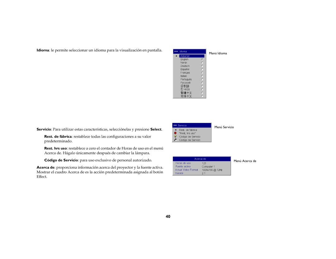 Ask Proxima DLP Projector manual Menú Idioma Menú Servicio Menú Acerca de 