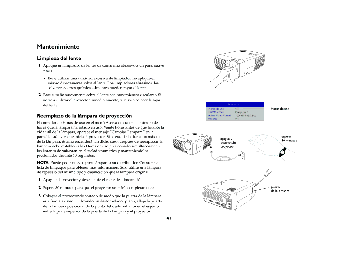 Ask Proxima DLP Projector manual Mantenimiento, Limpieza del lente, Reemplazo de la lámpara de proyección 