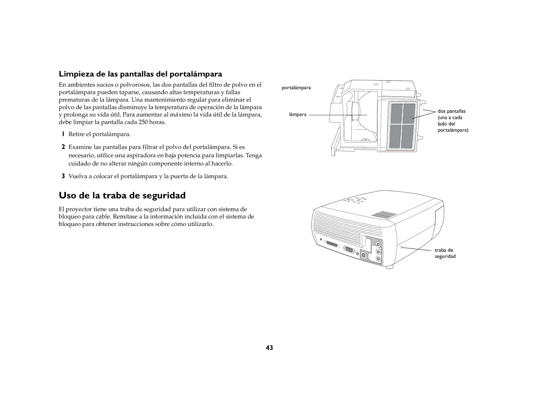 Ask Proxima DLP Projector manual Uso de la traba de seguridad, Limpieza de las pantallas del portalámpara 