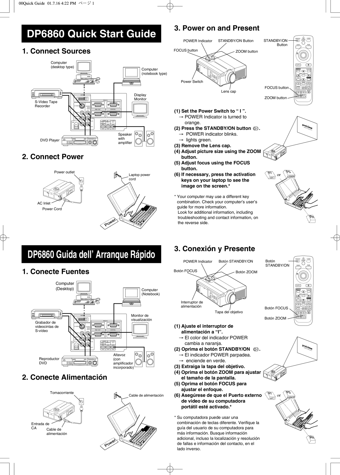 Ask Proxima DP6860 quick start Connect Sources, Connect Power, Power on and Present, Conexión y Presente, Conecte Fuentes 