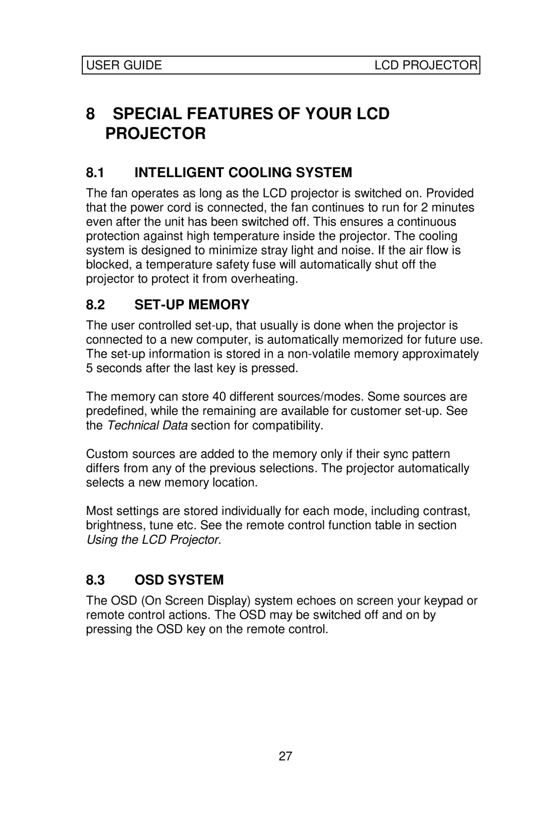 Ask Proxima Impression 860 Special Features of Your LCD Projector, Intelligent Cooling System, SET-UP Memory, OSD System 