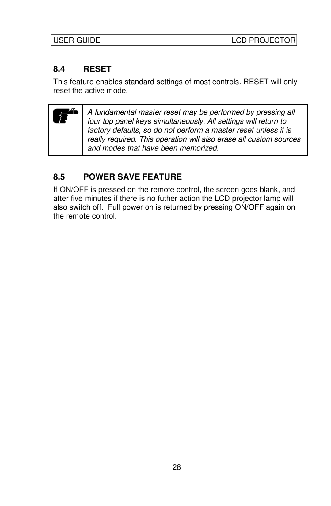 Ask Proxima Impression 860 manual Reset, Power Save Feature 