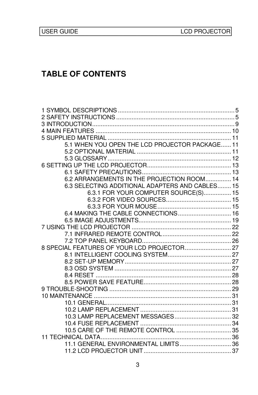 Ask Proxima Impression 860 manual Table of Contents 