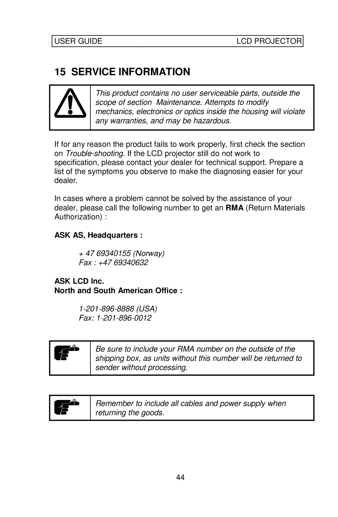 Ask Proxima Impression 860 manual Service Information, ASK LCD Inc North and South American Office 