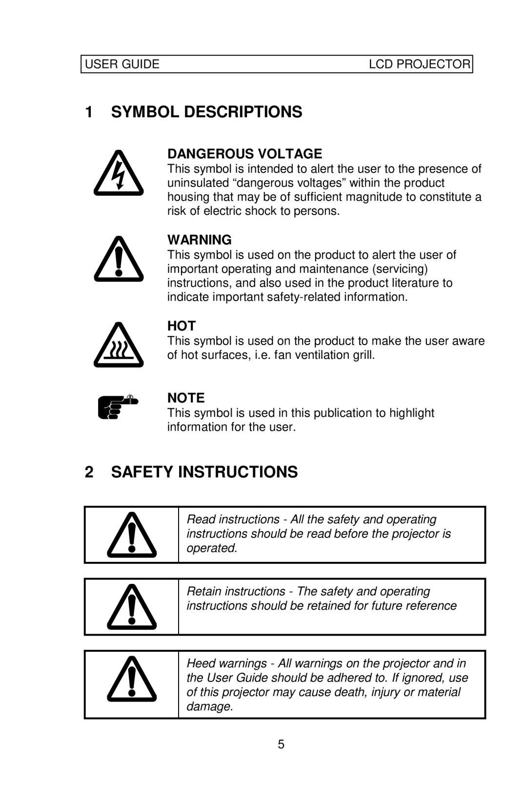 Ask Proxima Impression 860 manual Symbol Descriptions, Safety Instructions, Hot 