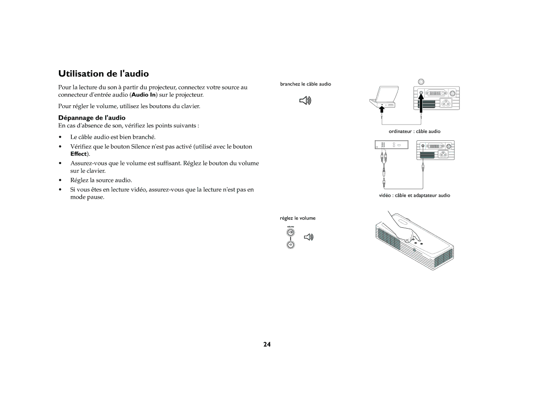 Ask Proxima M1 manual Utilisation de laudio, Dépannage de laudio, Effect 