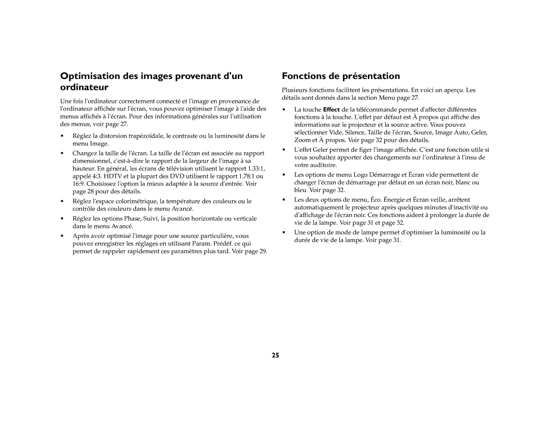 Ask Proxima M1 manual Optimisation des images provenant dun ordinateur, Fonctions de présentation 