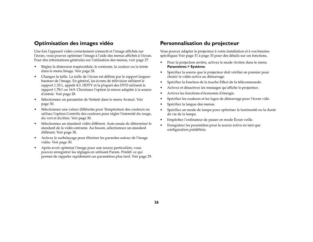 Ask Proxima M1 manual Optimisation des images vidéo, Personnalisation du projecteur, Paramètres Système 