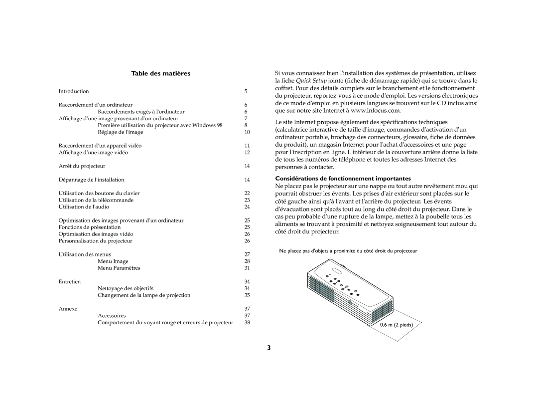 Ask Proxima M1 manual Table des matières, Considérations de fonctionnement importantes 