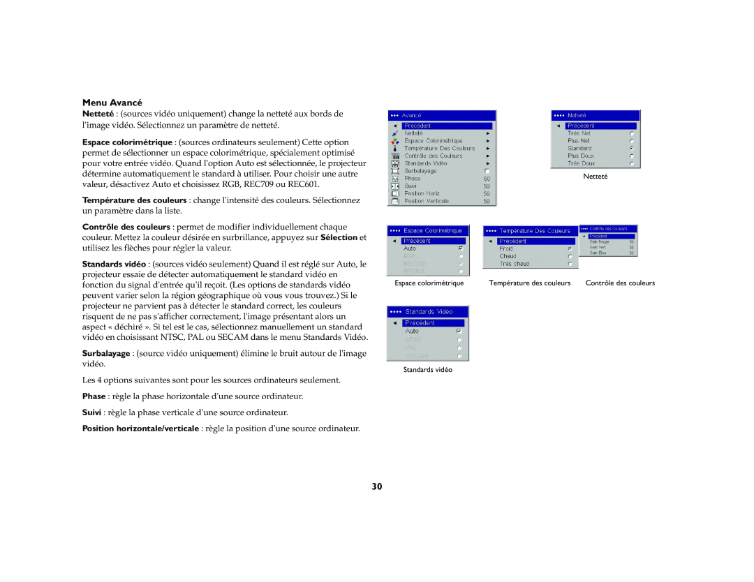 Ask Proxima M1 manual Menu Avancé 