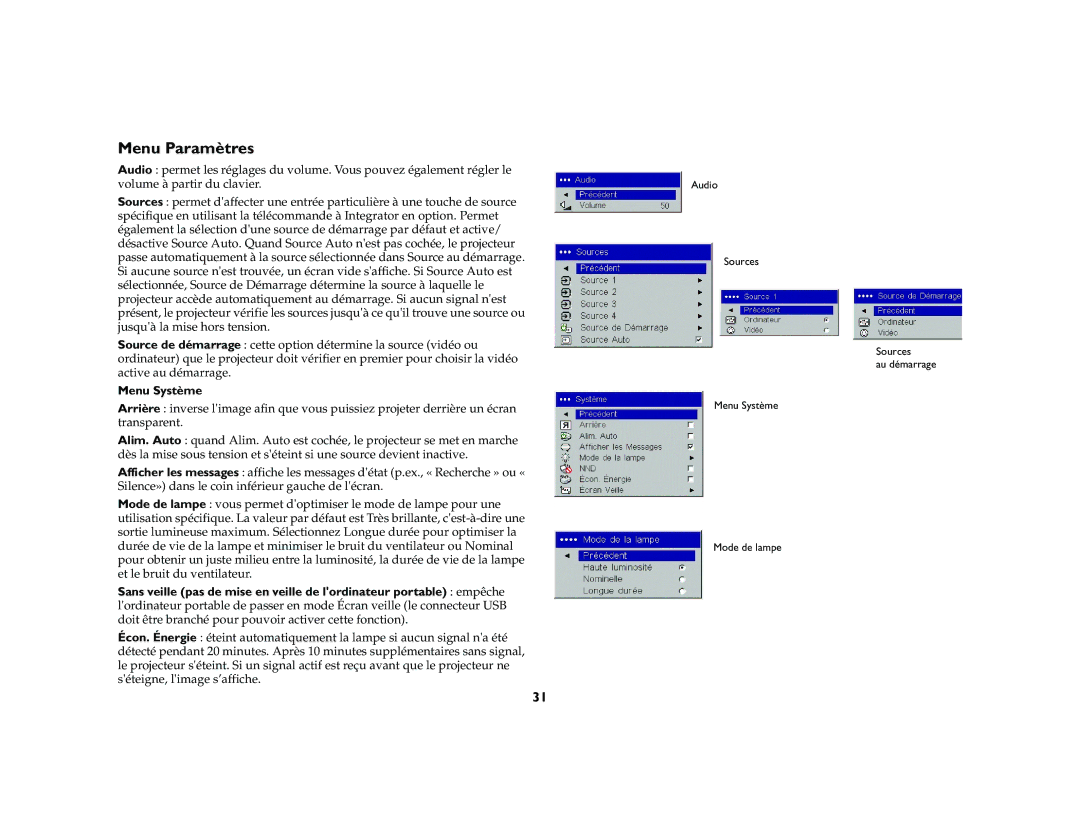 Ask Proxima M1 manual Menu Paramètres, Menu Système 