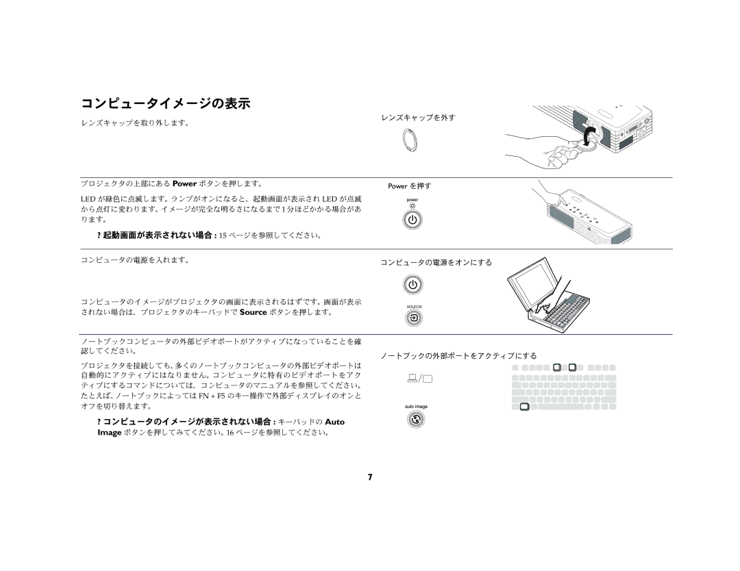 Ask Proxima M1 manual コンピュータイメージの表示, ? 起動画面が表示されない場合 Nr ページを参照してください。, ? コンピュータのイメージが表示されない場合 キーパッドの Auto 