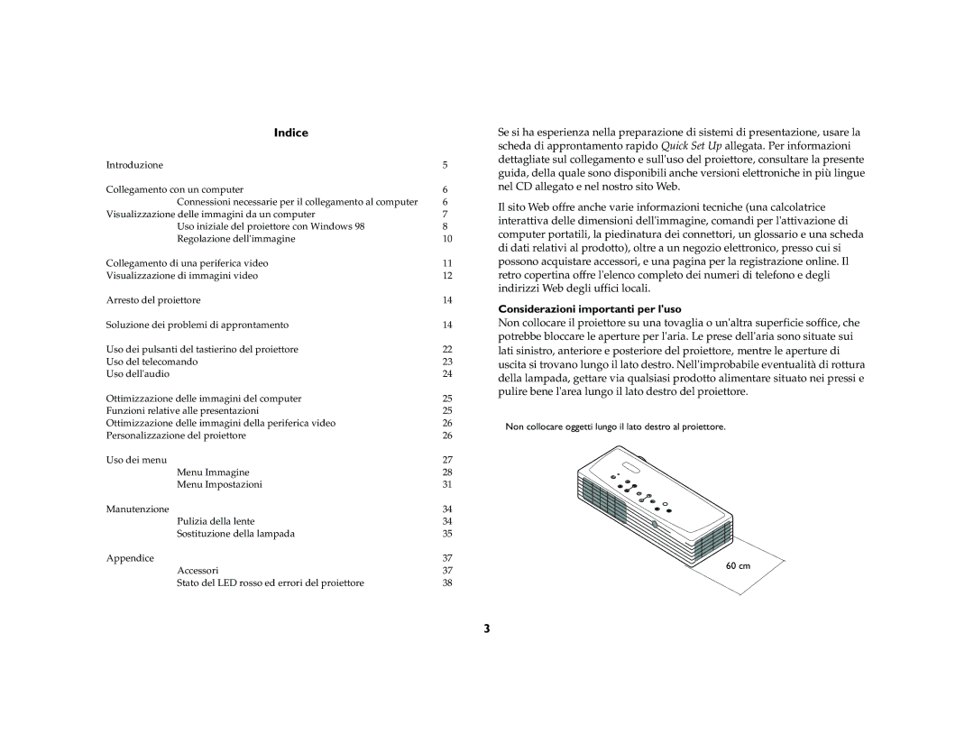 Ask Proxima M1 manual Indice, Considerazioni importanti per luso 