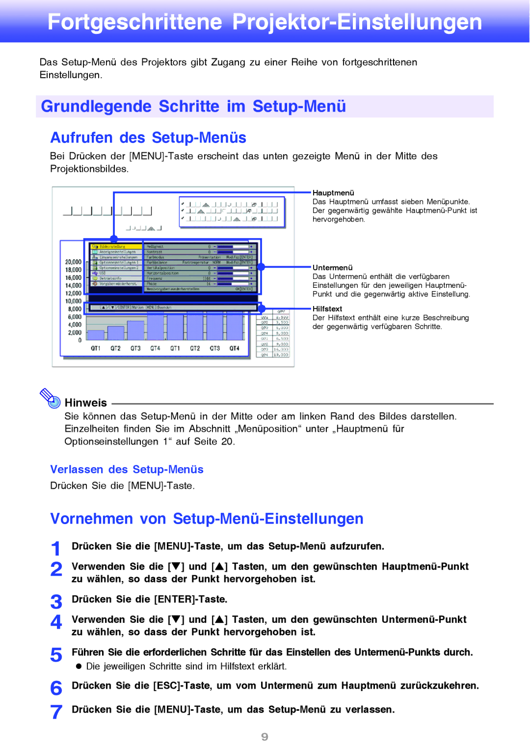 Ask Proxima M8 manual Grundlegende Schritte im Setup-Menü, Aufrufen des Setup-Menüs, Vornehmen von Setup-Menü-Einstellungen 