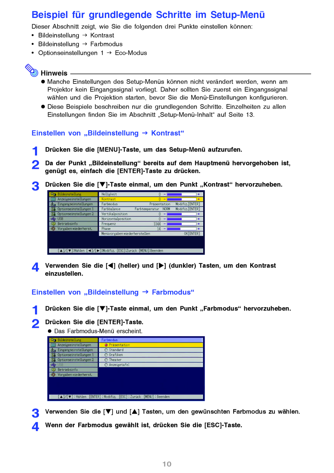 Ask Proxima M8 manual Beispiel für grundlegende Schritte im Setup-Menü, Einstellen von „Bildeinstellung J Kontrast 