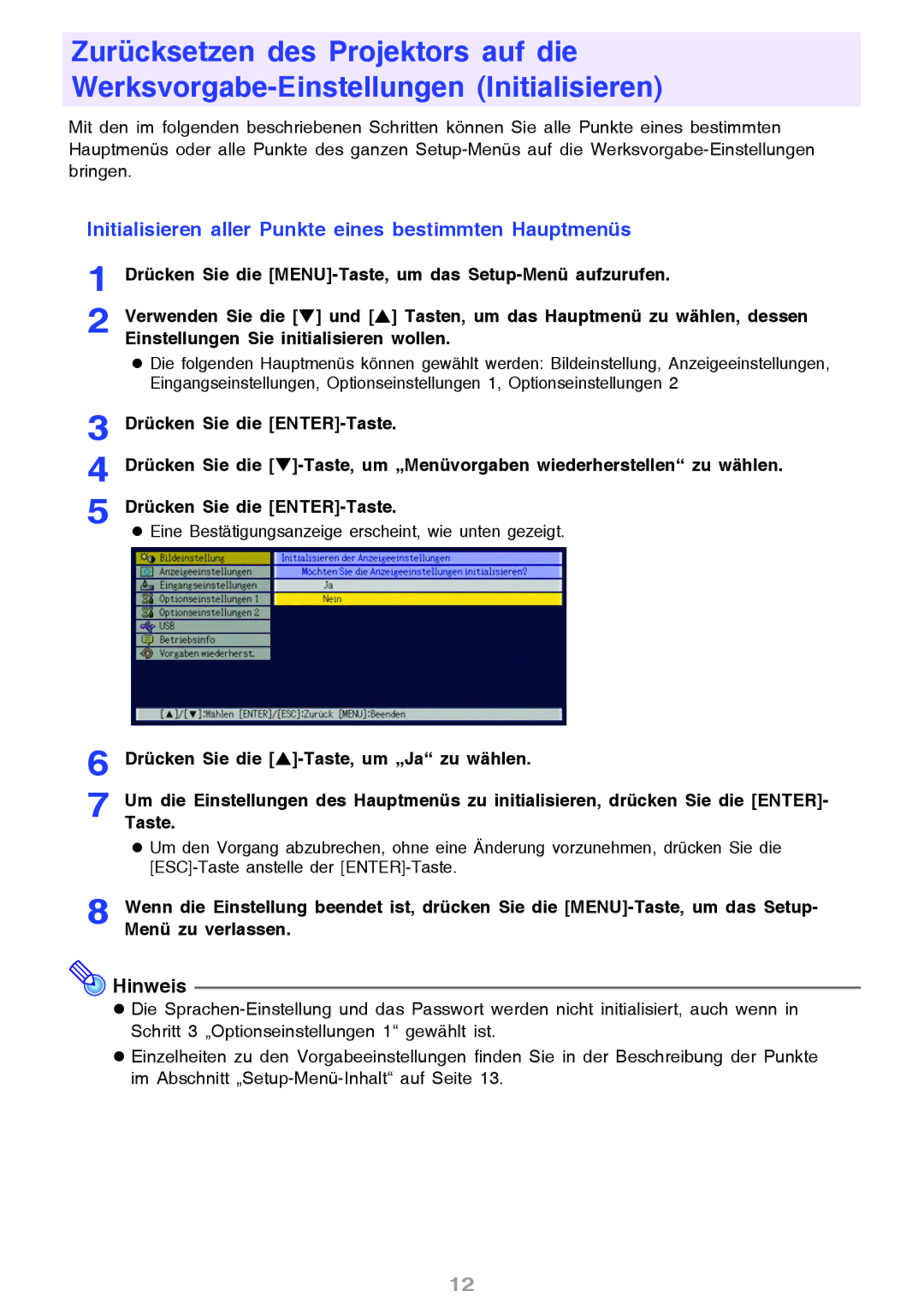 Ask Proxima M8 manual Initialisieren aller Punkte eines bestimmten Hauptmenüs 