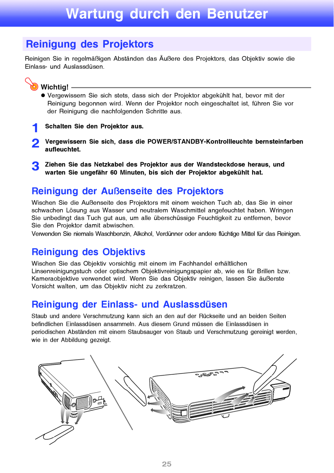 Ask Proxima M8 manual Reinigung des Projektors, Reinigung der Außenseite des Projektors, Reinigung des Objektivs 