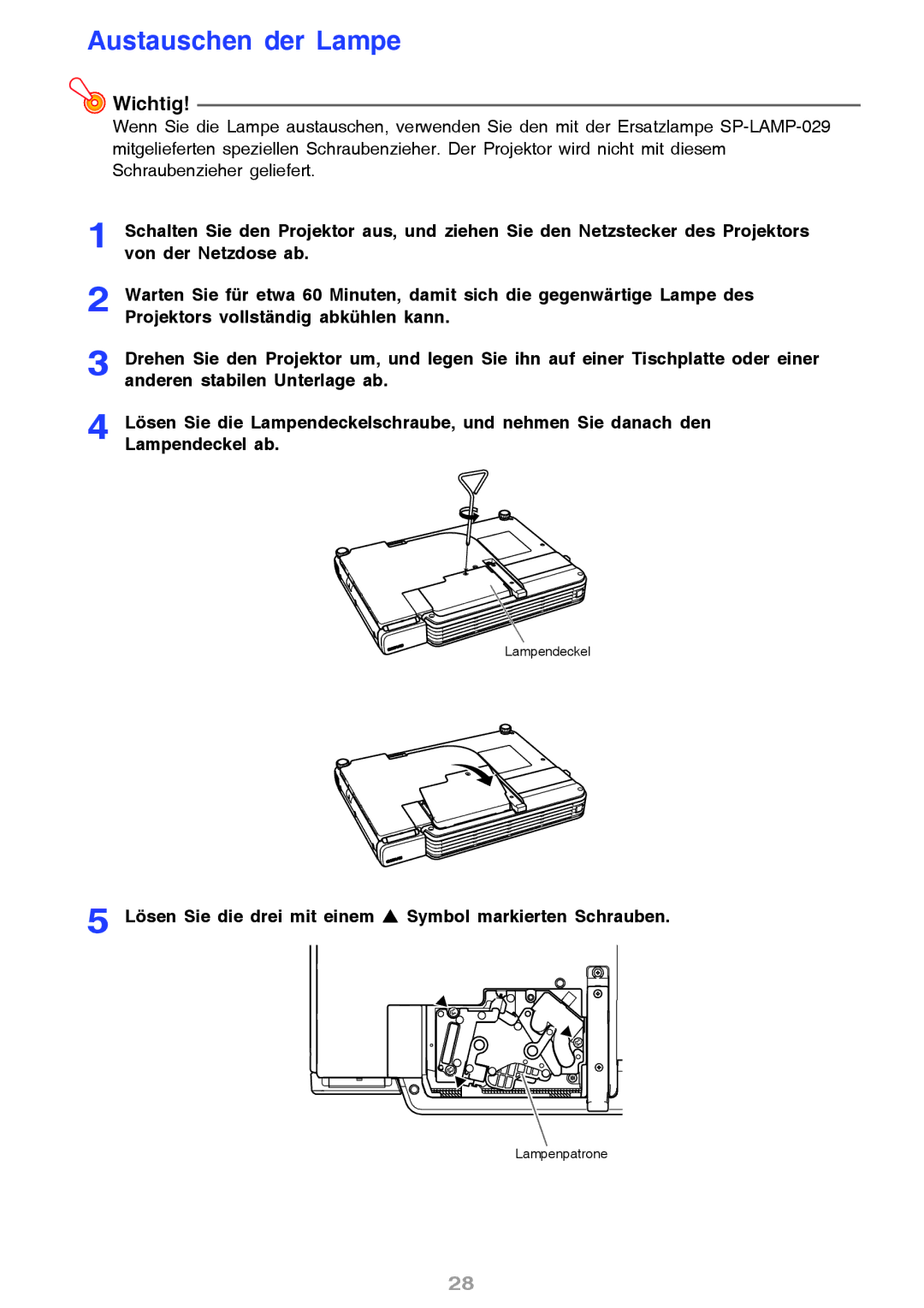 Ask Proxima M8 manual Austauschen der Lampe, Lösen Sie die drei mit einem S Symbol markierten Schrauben 