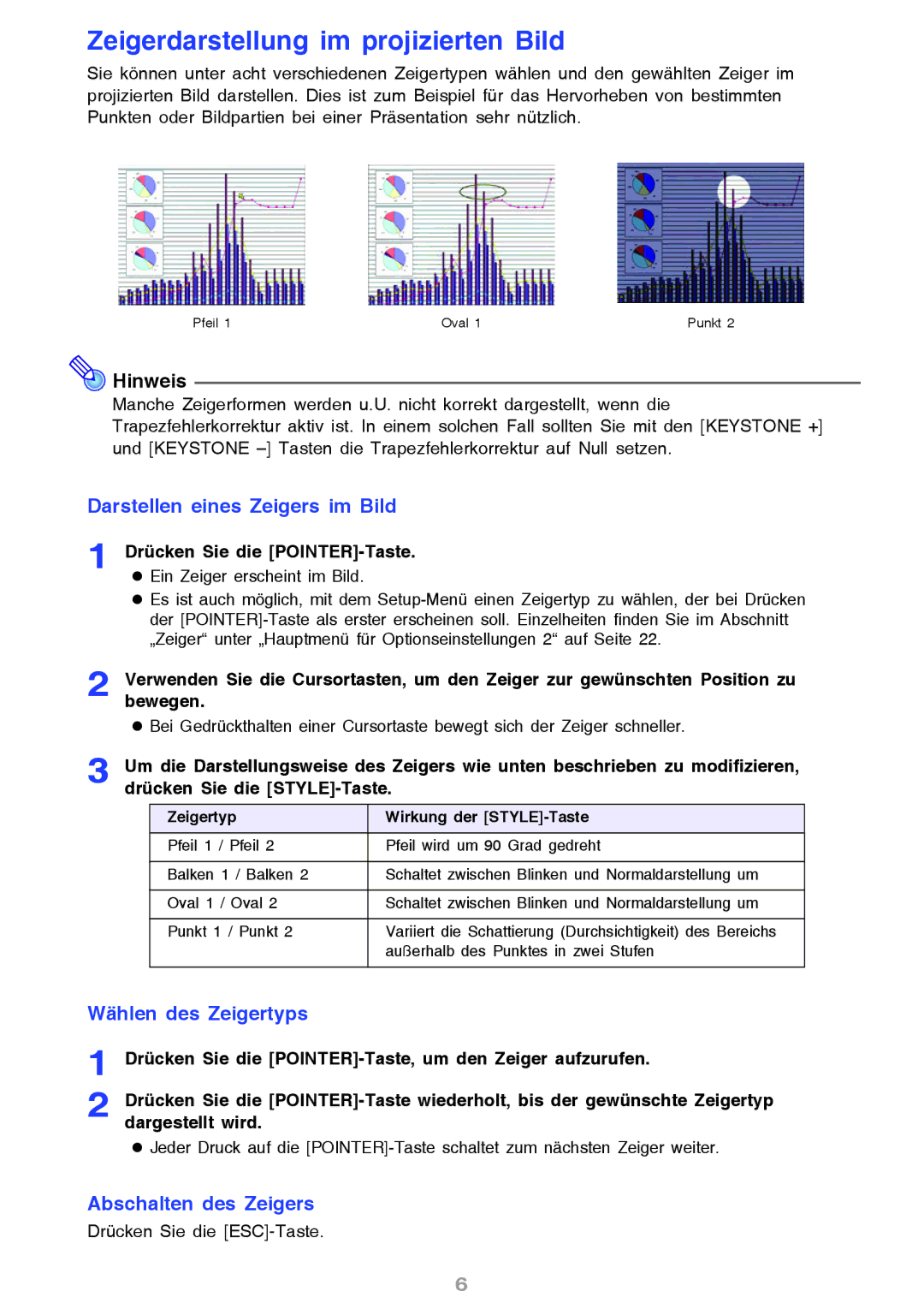 Ask Proxima M8 manual Zeigerdarstellung im projizierten Bild, Darstellen eines Zeigers im Bild, Wählen des Zeigertyps 