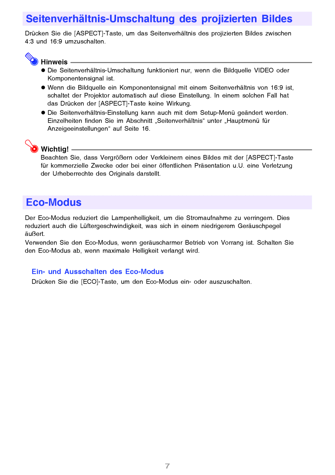 Ask Proxima M8 manual Seitenverhältnis-Umschaltung des projizierten Bildes, Ein- und Ausschalten des Eco-Modus 