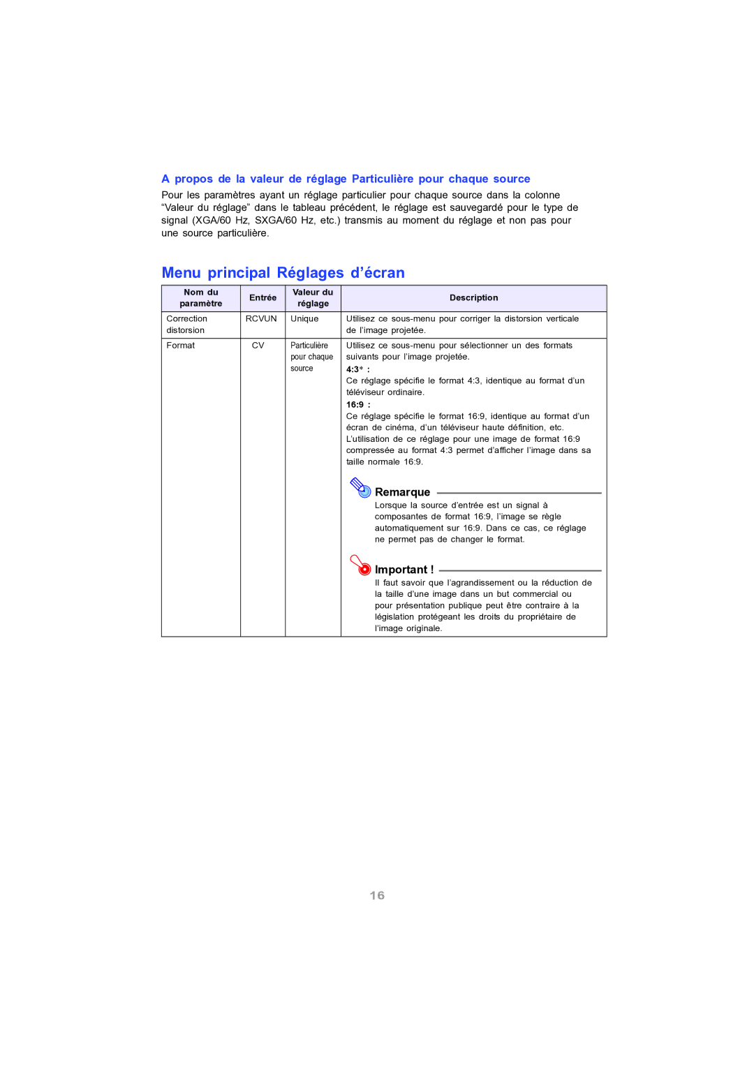 Ask Proxima M9 manual Menu principal Réglages d’écran, 169 