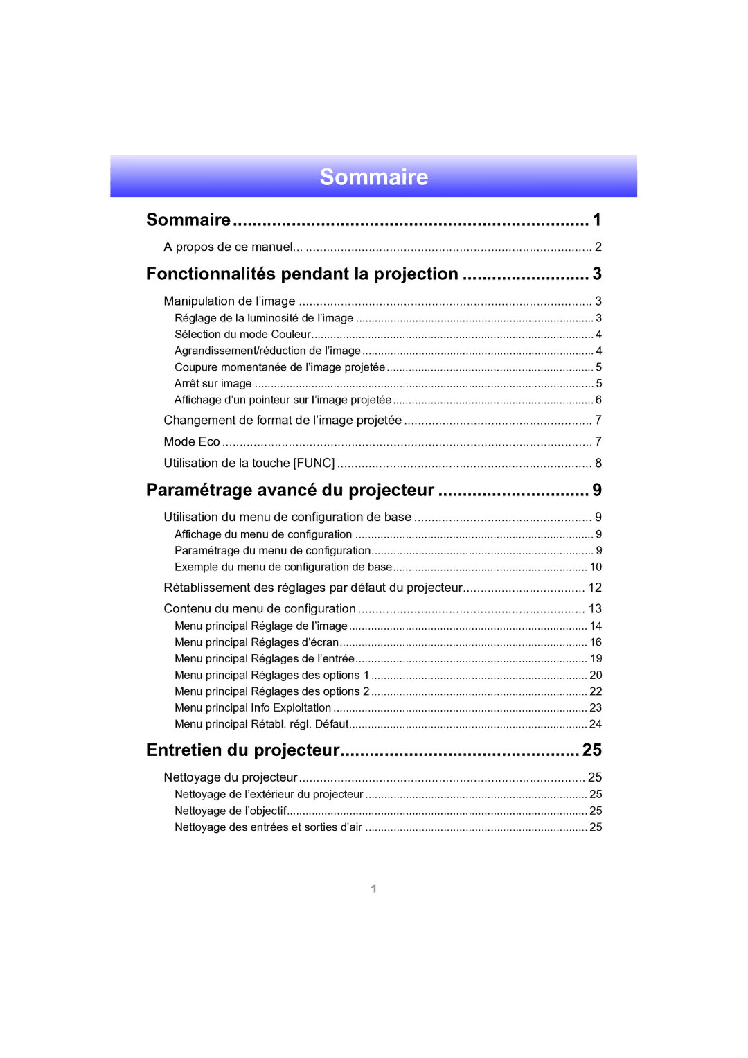 Ask Proxima M9 manual Sommaire 