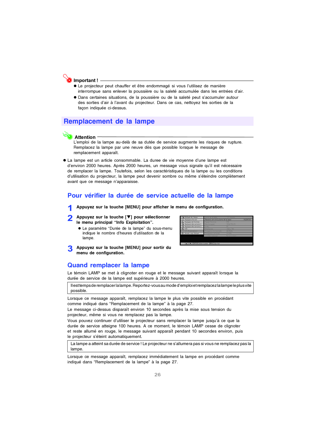 Ask Proxima M9 manual Pour vérifier la durée de service actuelle de la lampe, Quand remplacer la lampe 