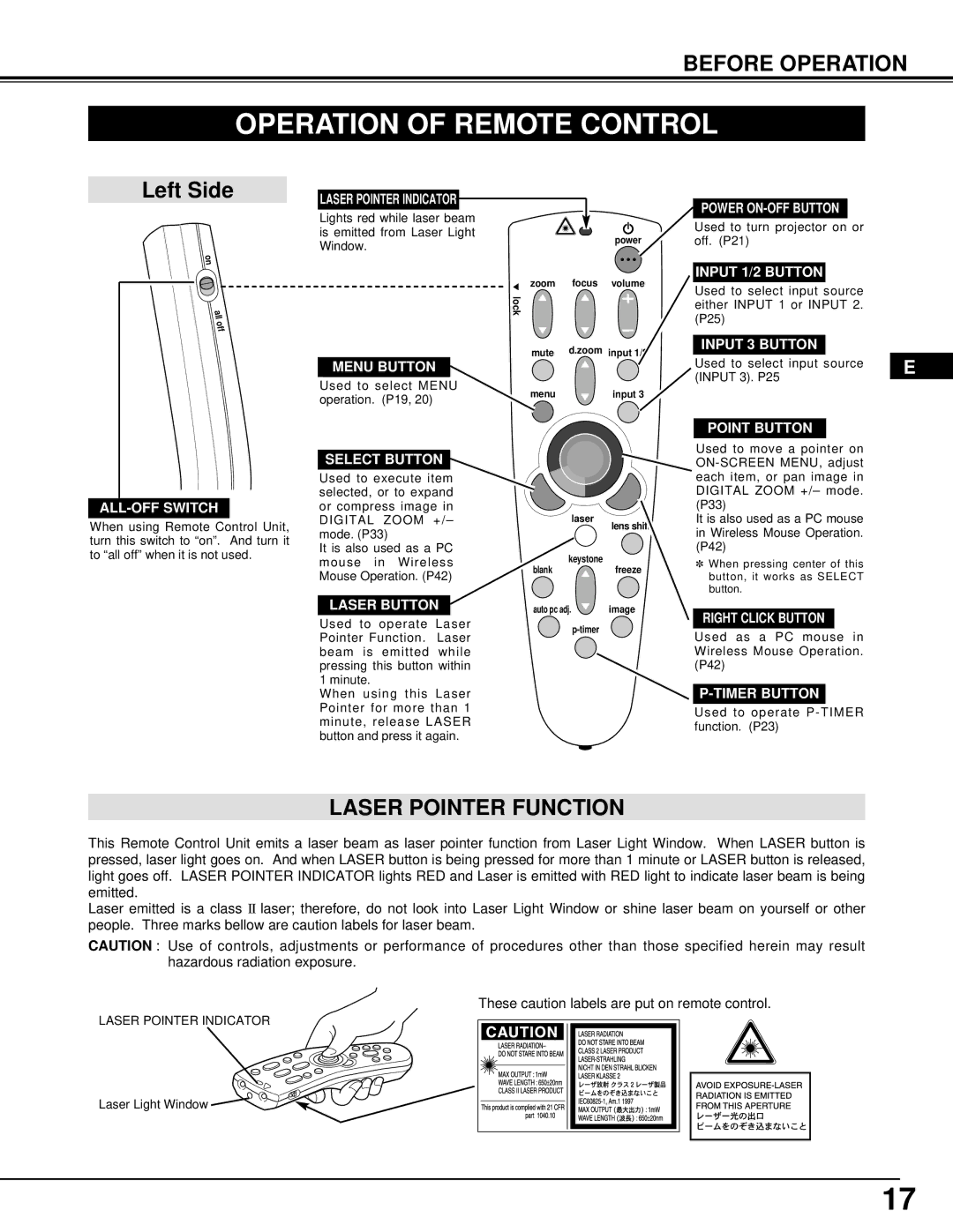 Ask Proxima Pro AV 9500 manual Operation of Remote Control, Laser Pointer Function 