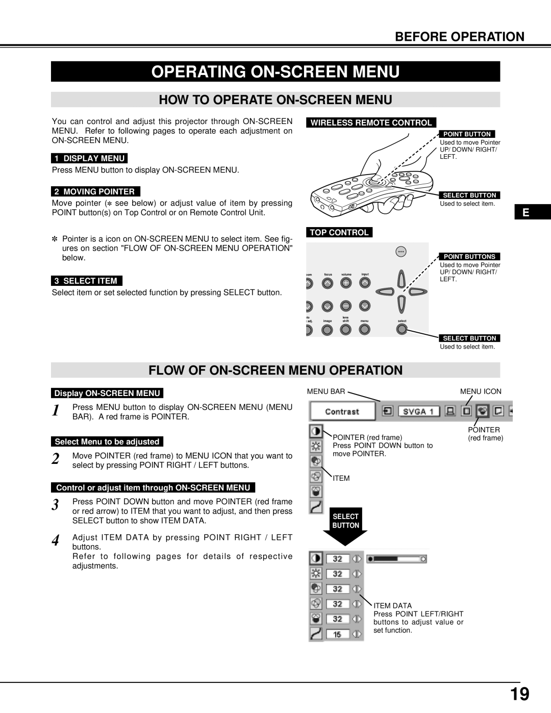 Ask Proxima Pro AV 9500 manual Operating ON-SCREEN Menu, HOW to Operate ON-SCREEN Menu, Flow of ON-SCREEN Menu Operation 