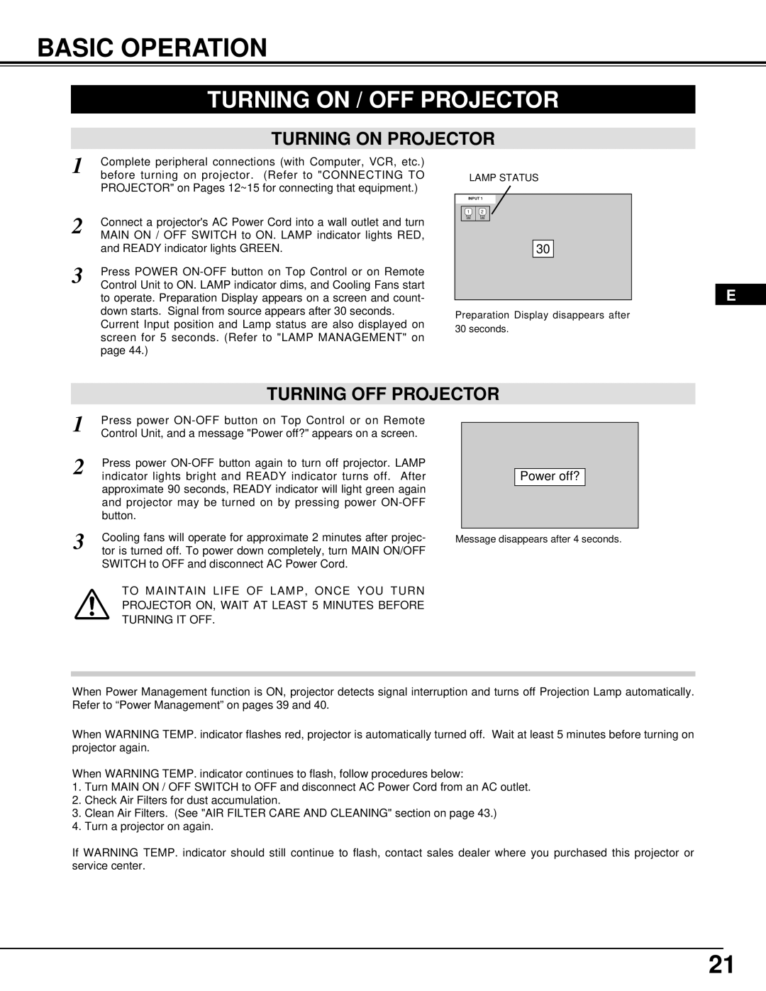 Ask Proxima Pro AV 9500 manual Basic Operation, Turning on / OFF Projector, Turning on Projector, Turning OFF Projector 