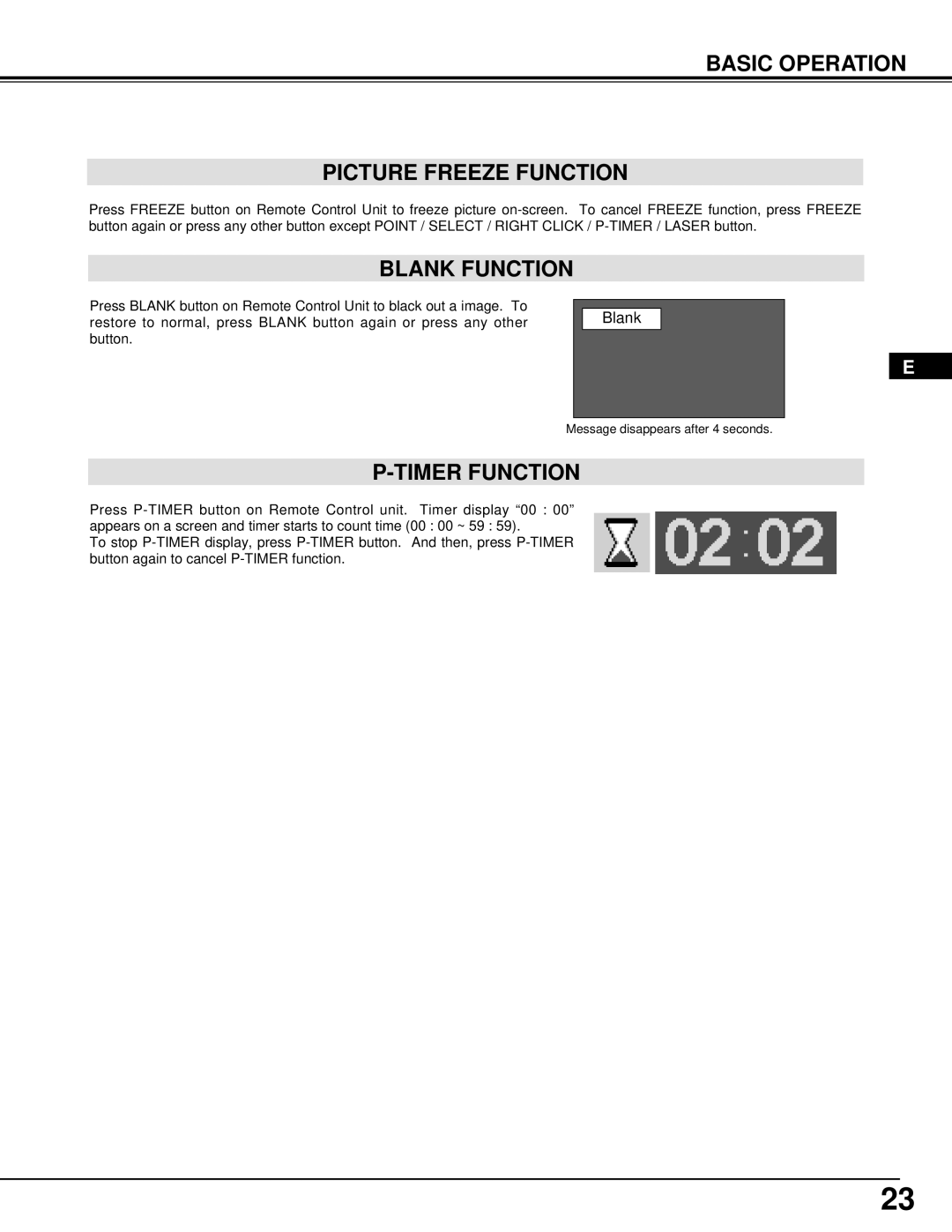 Ask Proxima Pro AV 9500 manual Basic Operation Picture Freeze Function, Blank Function, Timer Function 