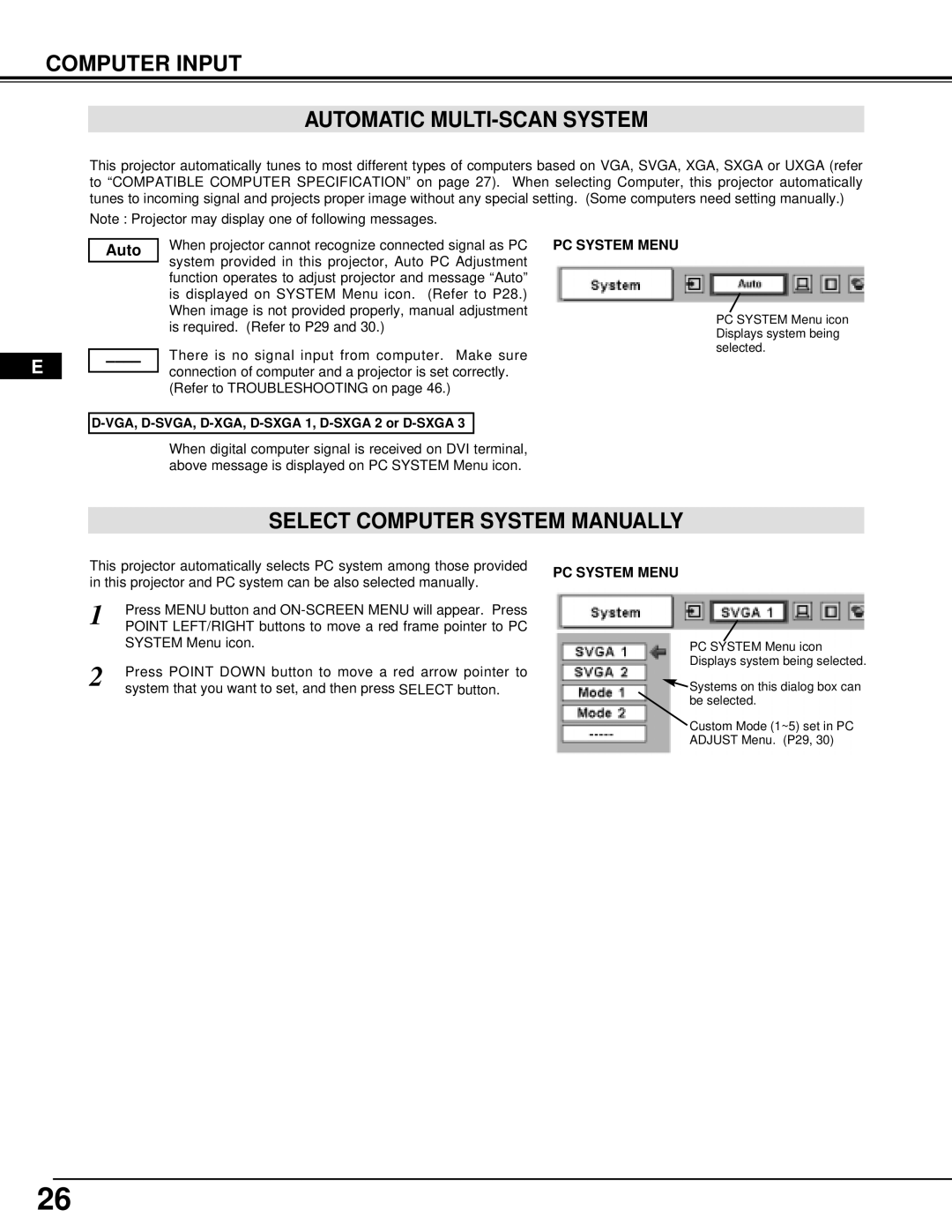 Ask Proxima Pro AV 9500 manual Computer Input Automatic MULTI-SCAN System, Select Computer System Manually, PC System Menu 