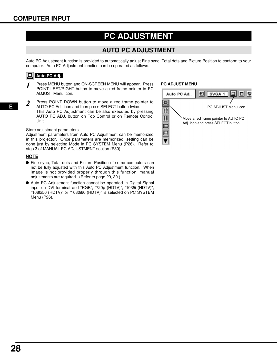 Ask Proxima Pro AV 9500 manual Computer Input, Auto PC Adjustment, PC Adjust Menu 