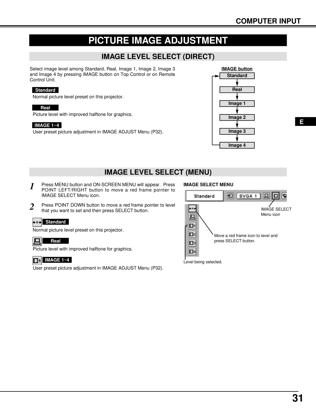 Ask Proxima Pro AV 9500 Picture Image Adjustment, Image Level Select Direct, Image Level Select Menu, Image Select Menu 