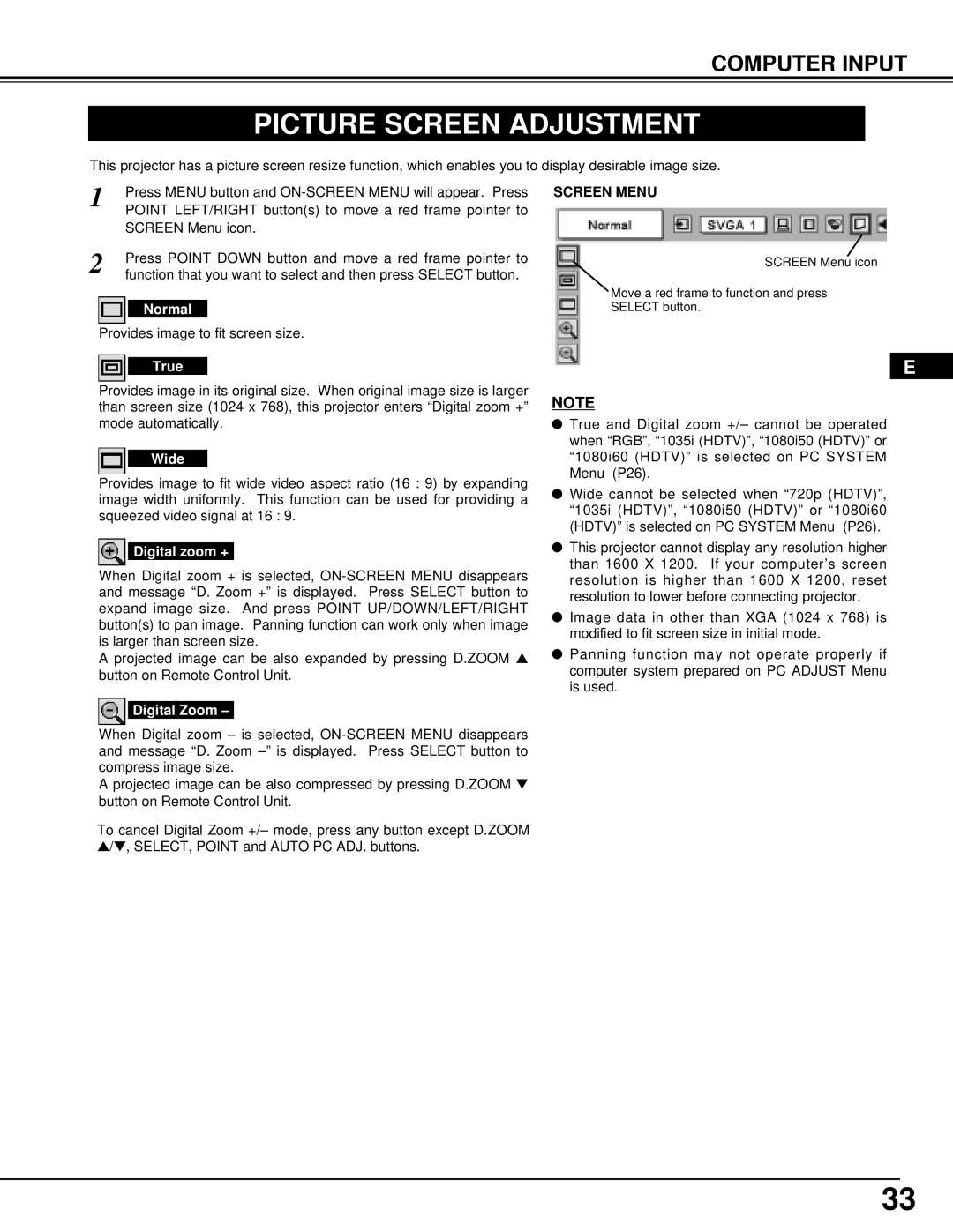 Ask Proxima Pro AV 9500 manual Picture Screen Adjustment, Screen Menu 