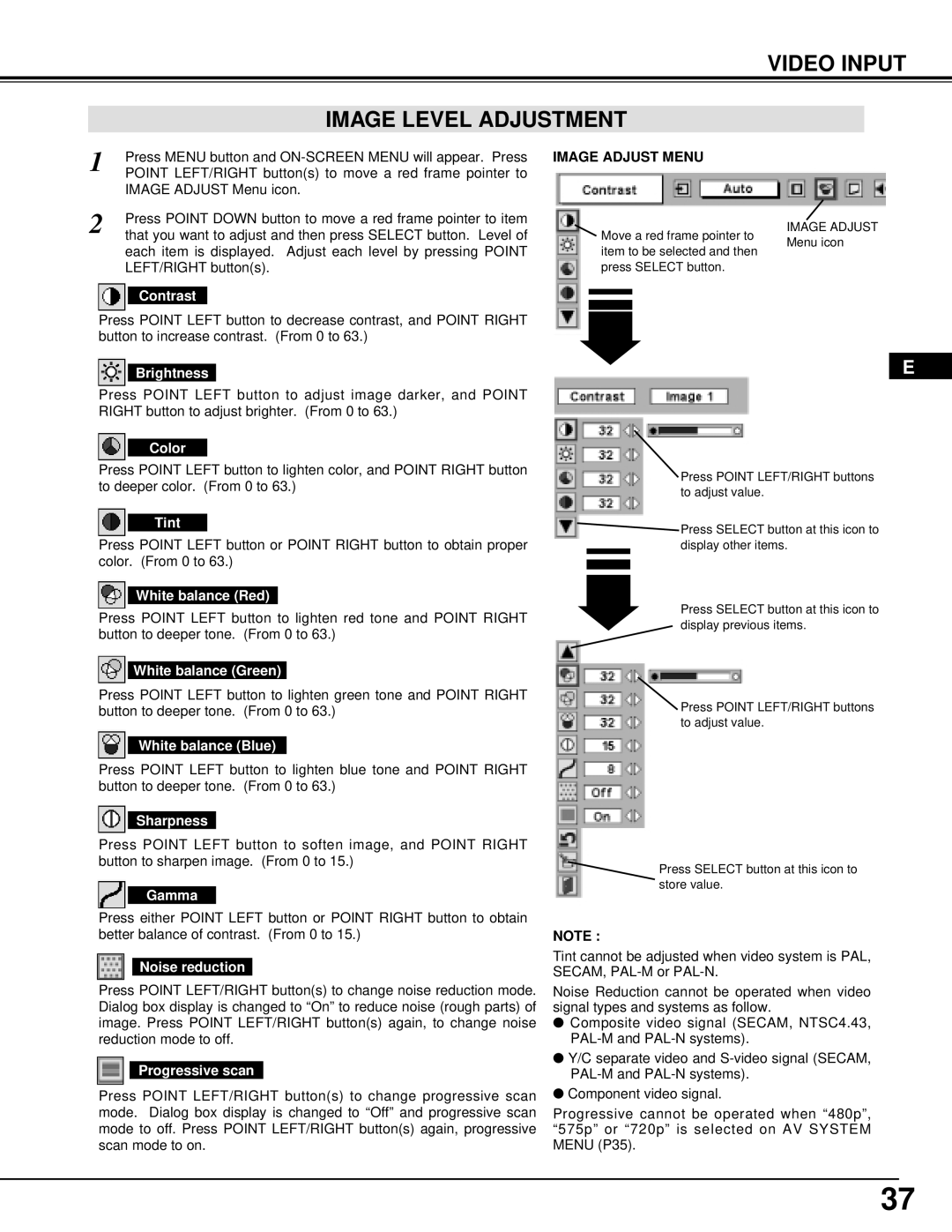 Ask Proxima Pro AV 9500 manual Video Input Image Level Adjustment, Color, Tint, Noise reduction, Progressive scan 