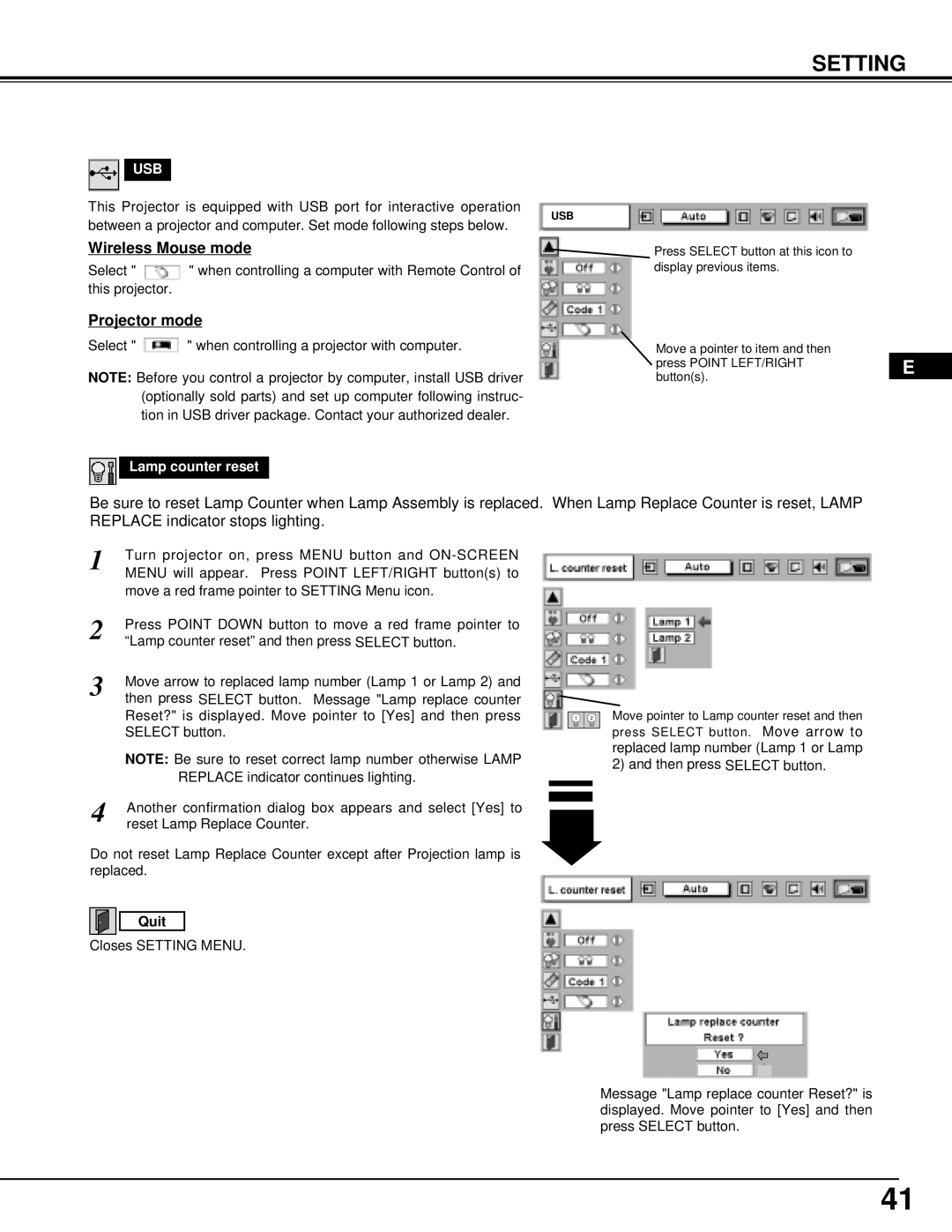 Ask Proxima Pro AV 9500 manual Wireless Mouse mode, Projector mode, Lamp counter reset 