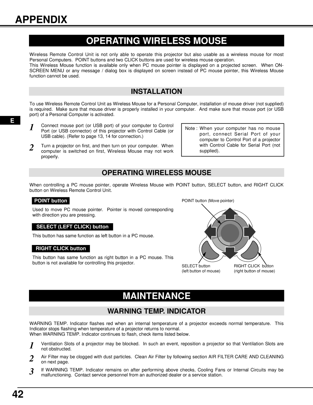 Ask Proxima Pro AV 9500 manual Appendix, Operating Wireless Mouse, Maintenance, Installation 