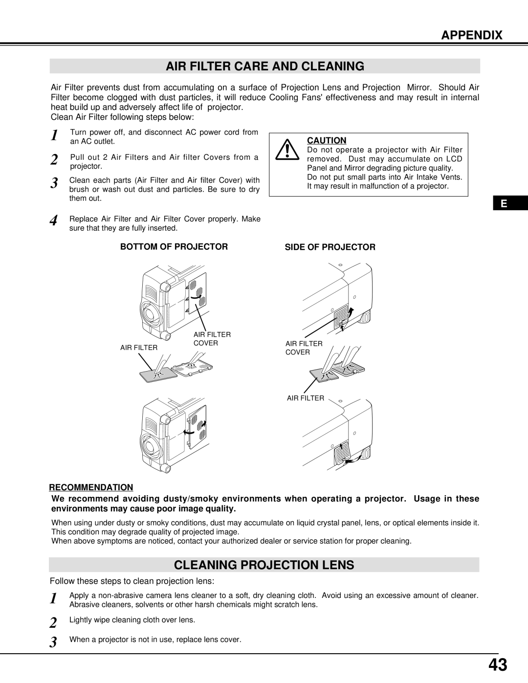 Ask Proxima Pro AV 9500 manual Appendix AIR Filter Care and Cleaning, Cleaning Projection Lens 