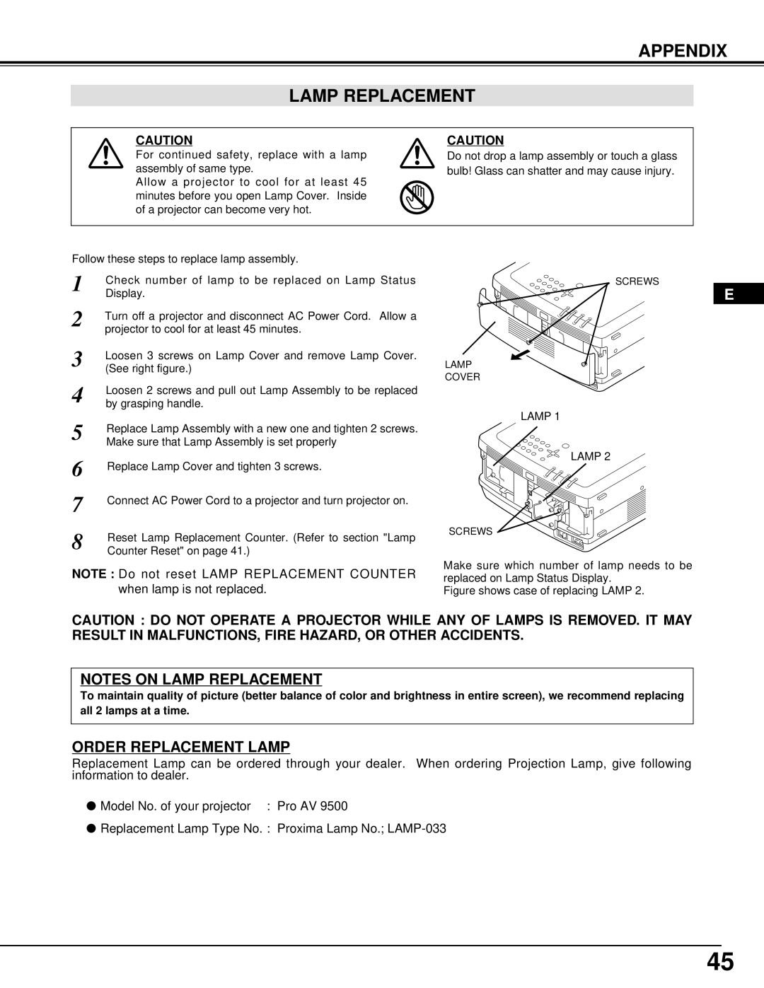 Ask Proxima Pro AV 9500 manual Appendix Lamp Replacement, Order Replacement Lamp 