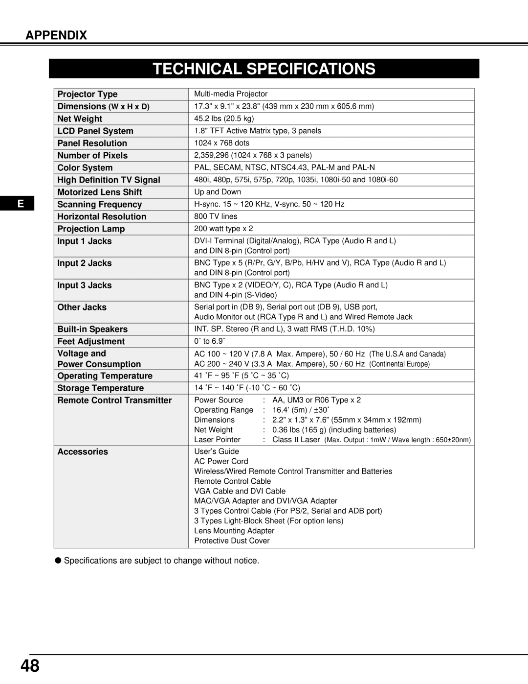 Ask Proxima Pro AV 9500 manual Technical Specifications 