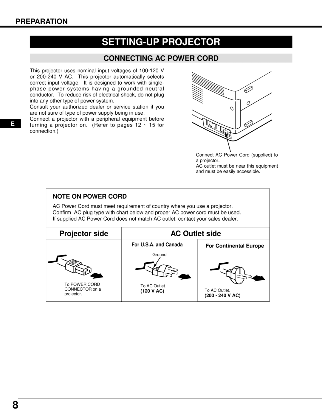 Ask Proxima Pro AV 9500 manual SETTING-UP Projector, Connecting AC Power Cord, For U.S.A. and Canada For Continental Europe 